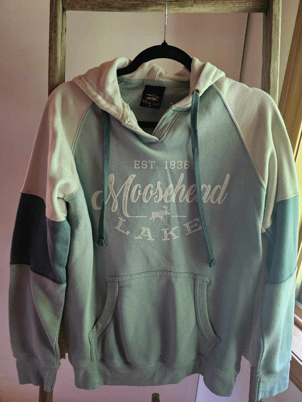 Moosehead Lake Maine Hooded Sweatshirt - Light Teal and Cream